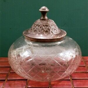 Vintage Cut Glass Bowl w/ Silver Plate Lid  6.5"x6.5"x6.5"